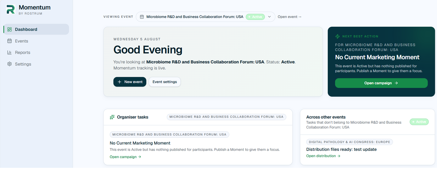 Momentum organiser dashboard showing the selected event, next best action and organiser tasks